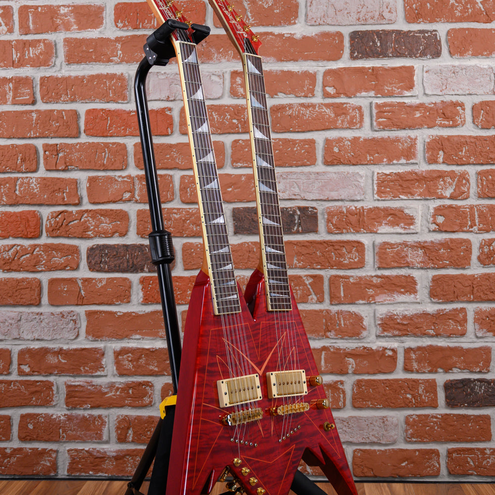 
                      
                        Jackson USA Custom Shop Master Built King V Double Neck Flame Maple Top in Transparent Red with Pinstripes 2007 w/OHSC
                      
                    