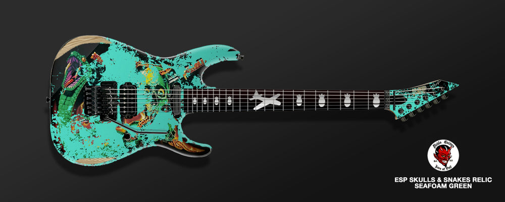 
                      
                        (Pre-Order) ESP Custom Shop George Lynch - Seafoam Green Painted Over Skulls & Snakes Graphic Distressed With Matching Headstock
                      
                    