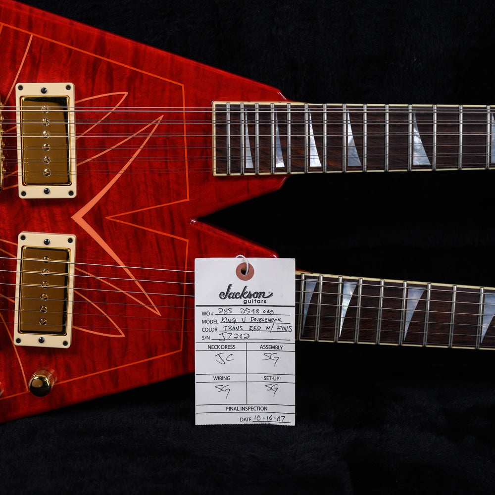 
                      
                        Jackson USA Custom Shop Master Built King V Double Neck Flame Maple Top in Transparent Red with Pinstripes 2007 w/OHSC
                      
                    