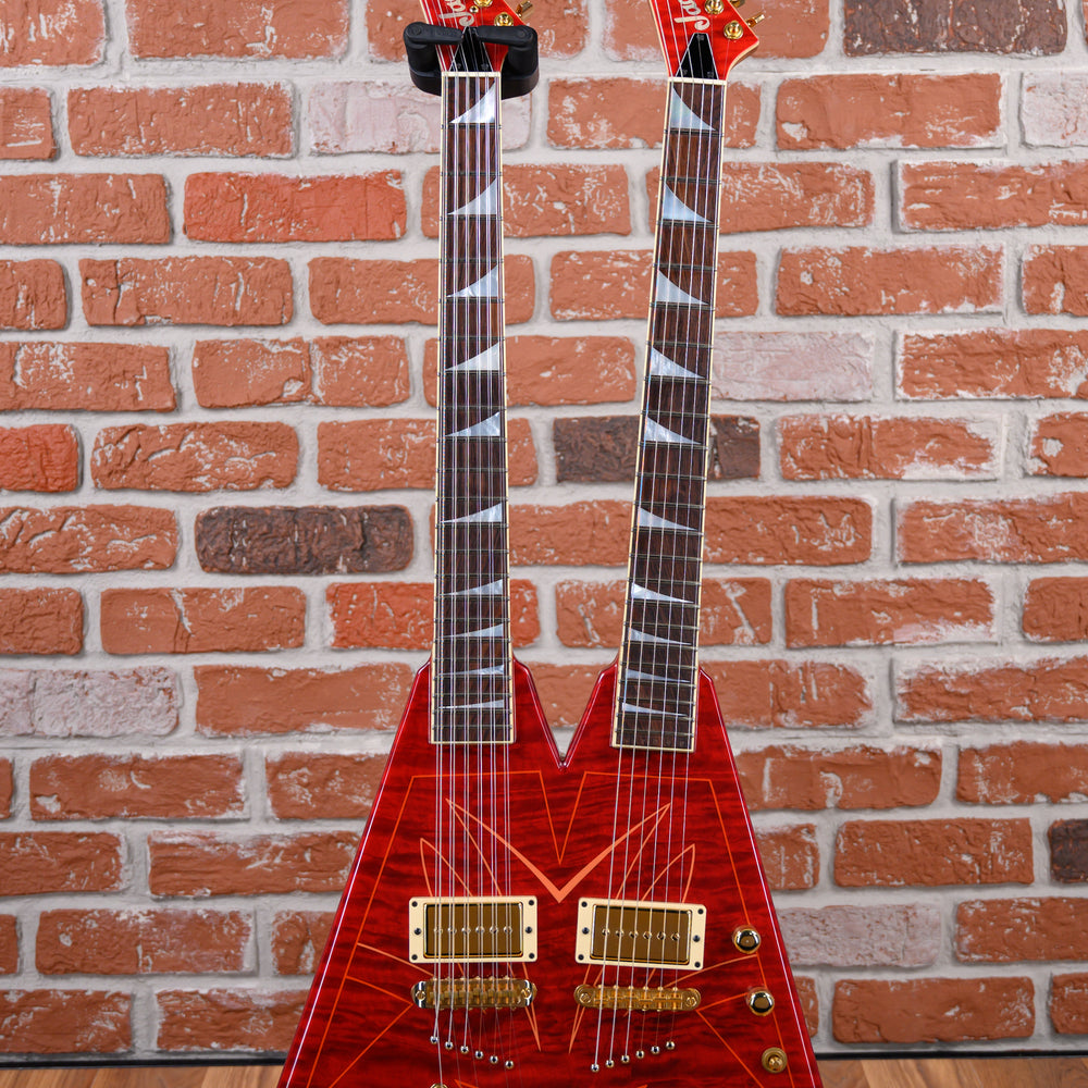 
                      
                        Jackson USA Custom Shop Master Built King V Double Neck Flame Maple Top in Transparent Red with Pinstripes 2007 w/OHSC
                      
                    