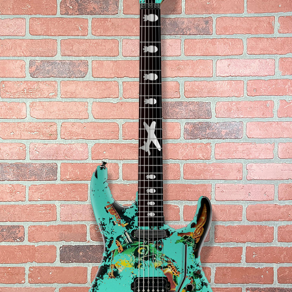 (Pre-Order) ESP Custom Shop George Lynch - Seafoam Green Painted Over Skulls & Snakes Graphic Distressed With Matching Headstock