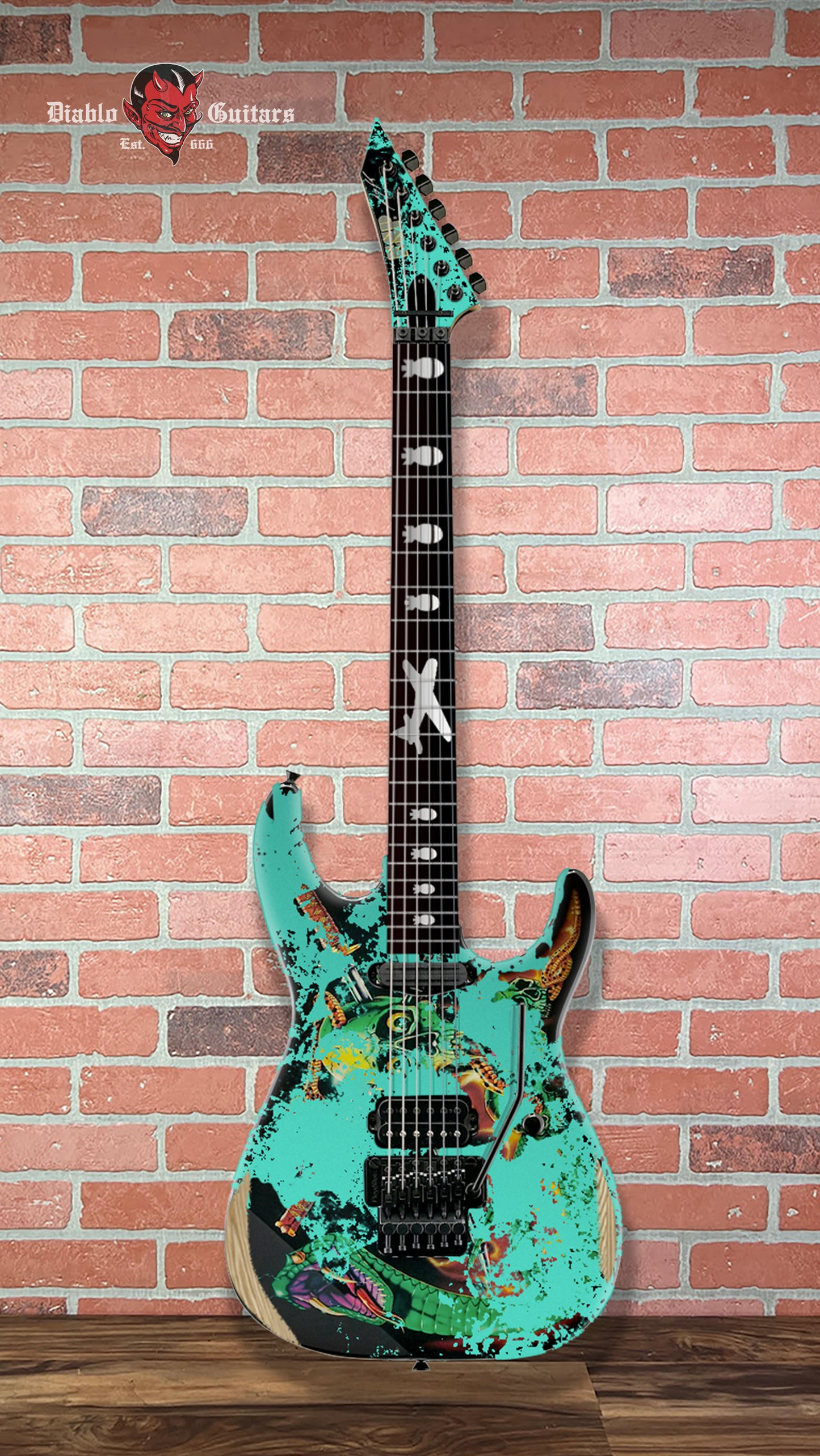 (Pre-Order) ESP Custom Shop George Lynch - Seafoam Green Painted Over Skulls & Snakes Graphic Distressed With Matching Headstock