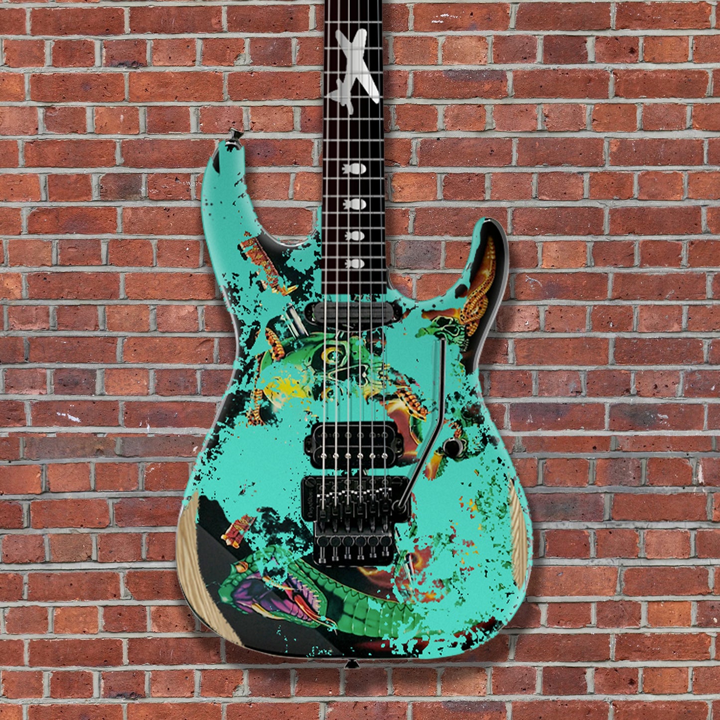 (Pre-Order) ESP Custom Shop George Lynch - Seafoam Green Painted Over Skulls & Snakes Graphic Distressed With Matching Headstock