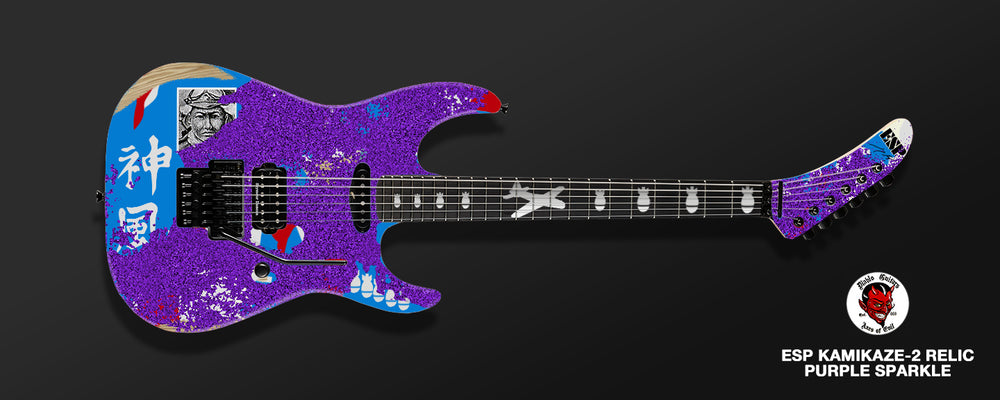 
                      
                        (Pre-Order) ESP Custom Shop George Lynch - Purple Sparkle Painted Over Kamikaze-II Graphic Distressed With Matching Headstock
                      
                    