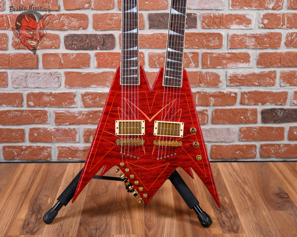 Jackson USA Custom Shop Master Built King V Double Neck Flame Maple Top in Transparent Red with Pinstripes 2007 w/OHSC