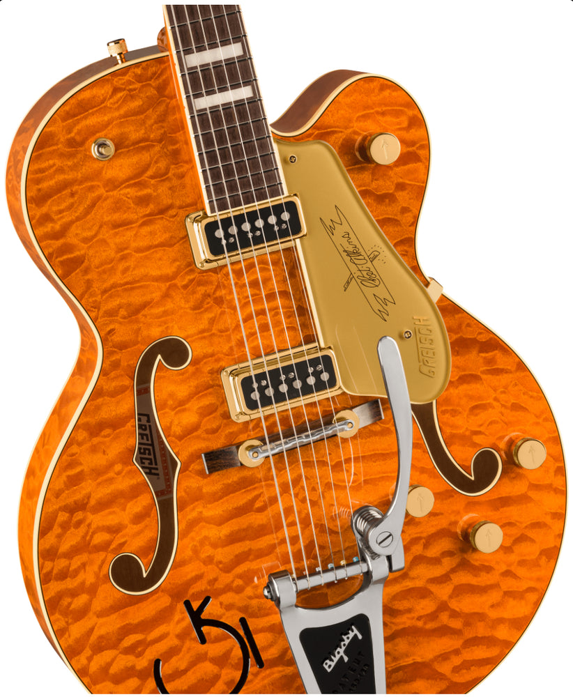 
                      
                        Gretsch G6120TGQM-56 Limited Edition Quilt Classic Chet Atkins Hollow Body with Bigsby Roundup Orange Stain Lacquer 2024 w/OHSC
                      
                    