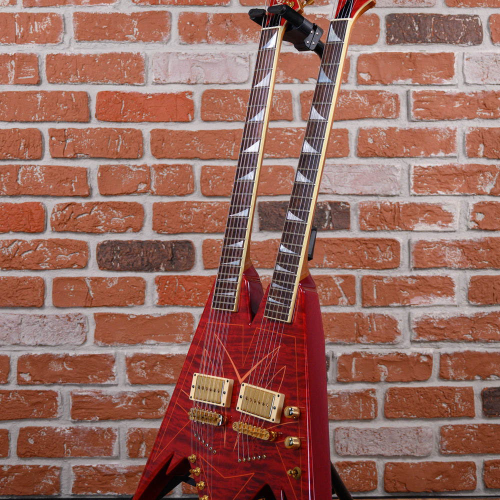 
                      
                        Jackson USA Custom Shop Master Built King V Double Neck Flame Maple Top in Transparent Red with Pinstripes 2007 w/OHSC
                      
                    