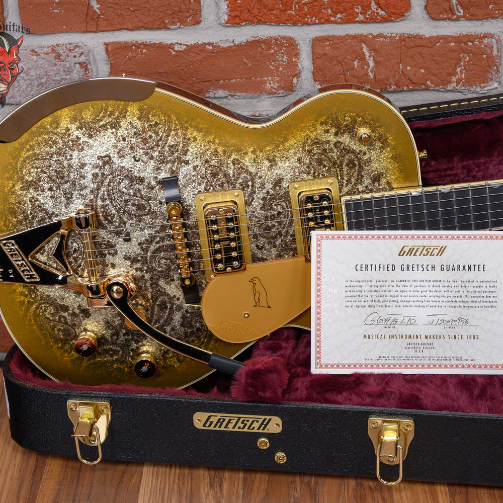 
                      
                        Gretsch G6134TG Limited Edition Paisley Penguin Gold Paisley & Sparkle Top 2025 w/OHSC
                      
                    