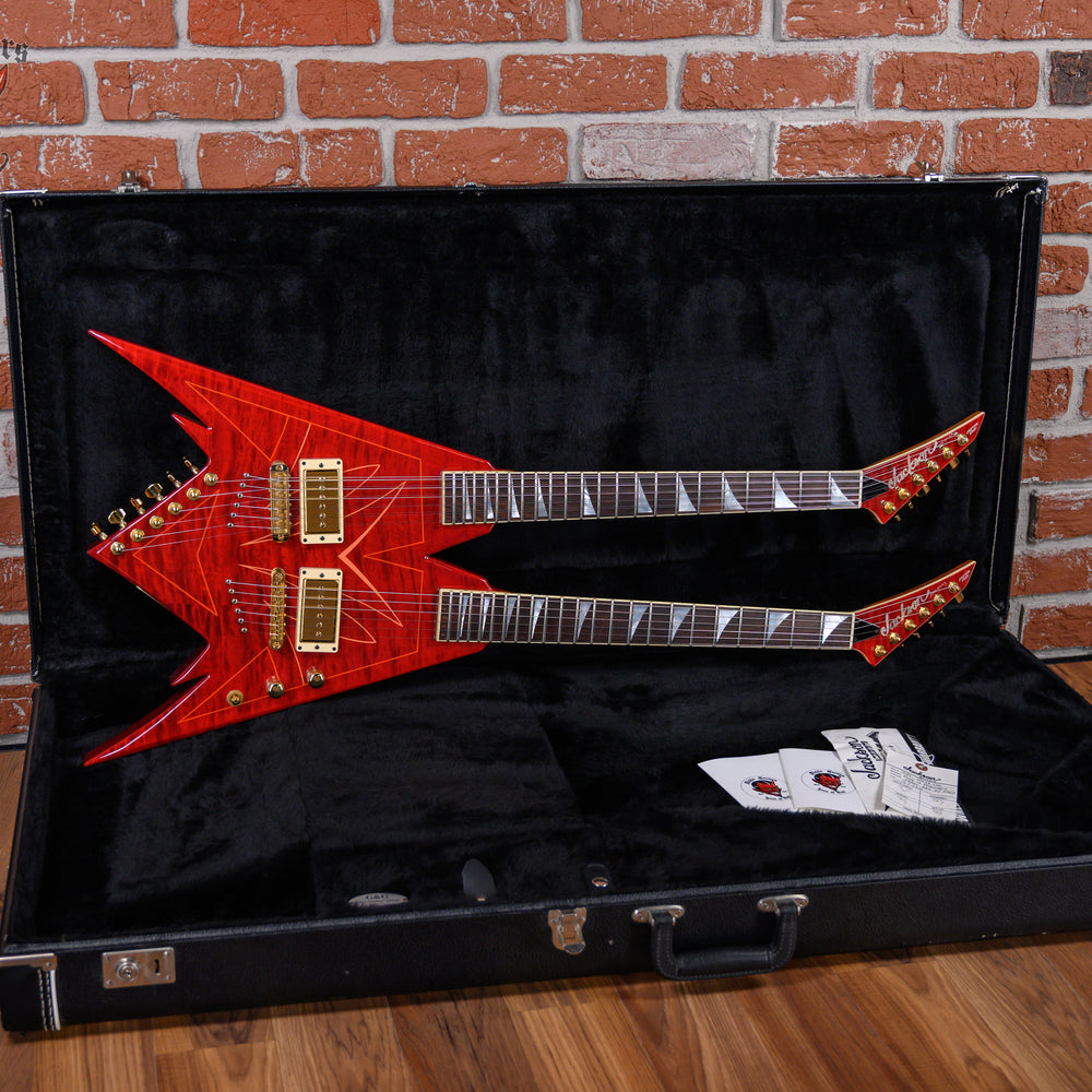 
                      
                        Jackson USA Custom Shop Master Built King V Double Neck Flame Maple Top in Transparent Red with Pinstripes 2007 w/OHSC
                      
                    