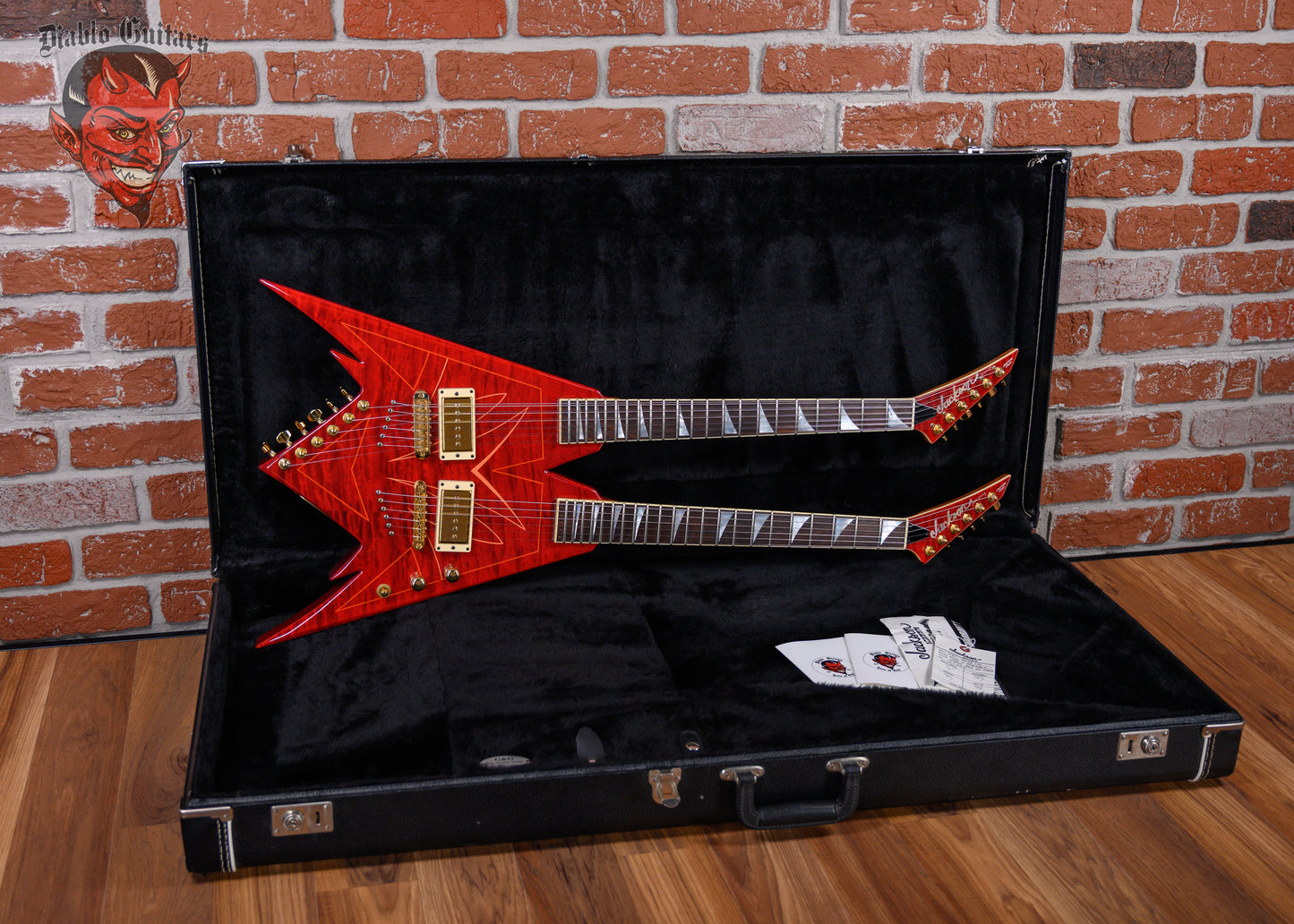 Jackson USA Custom Shop Master Built King V Double Neck Flame Maple Top in Transparent Red with Pinstripes 2007 w/OHSC