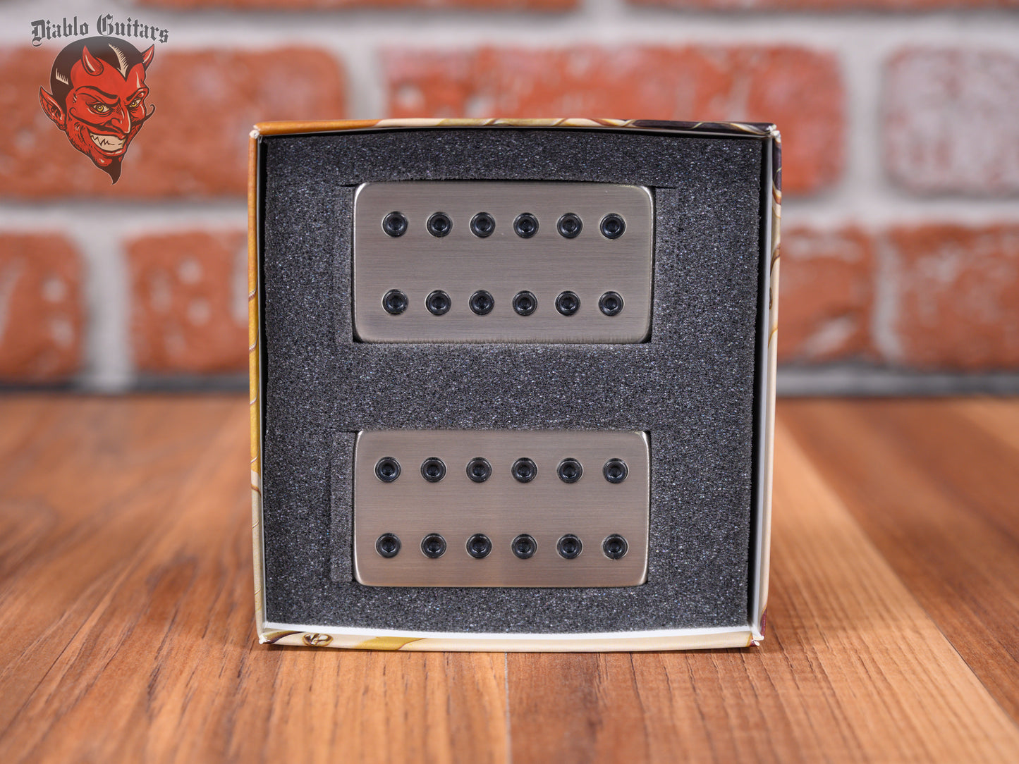 Bare Knuckle Juggernaut Humbucker set with Brushed Nickel Covers and Black Bolts 53mm Trem Spaced