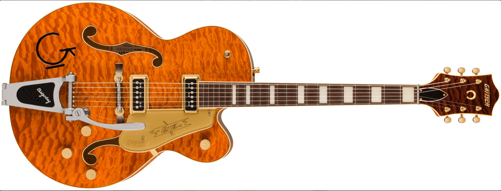 
                      
                        Gretsch G6120TGQM-56 Limited Edition Quilt Classic Chet Atkins Hollow Body with Bigsby Roundup Orange Stain Lacquer 2024 w/OHSC
                      
                    