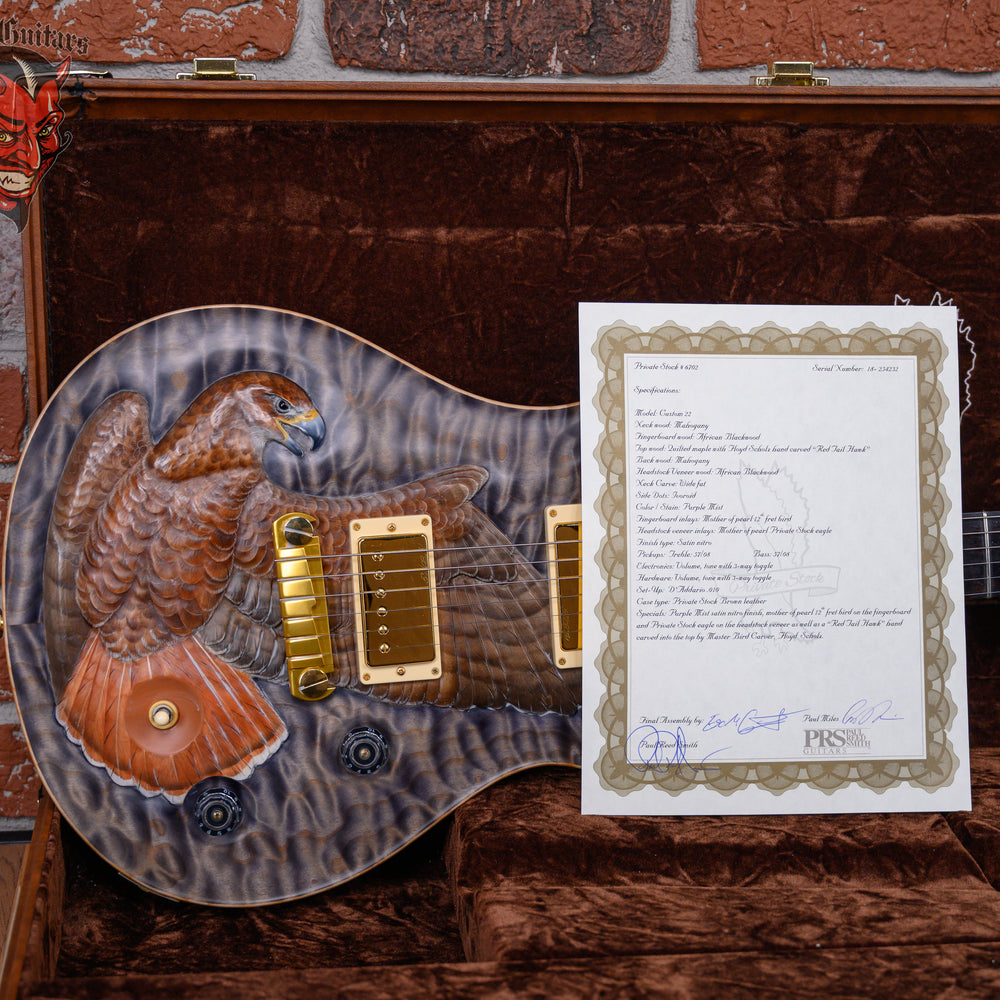 
                      
                        PRS Private Stock#6702 Custom 22 Quilted Maple Top with Floyd Sholz Hand Carved “Red Tail Hawk” in Satin Purple Mist 2018 w/OHSC
                      
                    