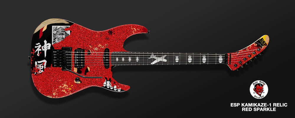 
                      
                        (Pre-Order) ESP Custom Shop George Lynch - Red Sparkle Painted Over Kamikaze-I Graphic Distressed With Matching Headstock
                      
                    