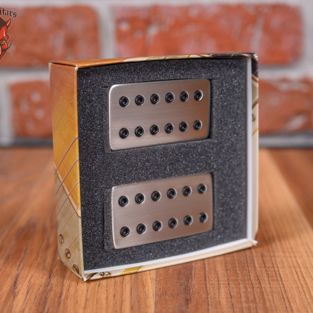 Bare Knuckle Juggernaut Humbucker set with Brushed Nickel Covers and Black Bolts 53mm Trem Spaced