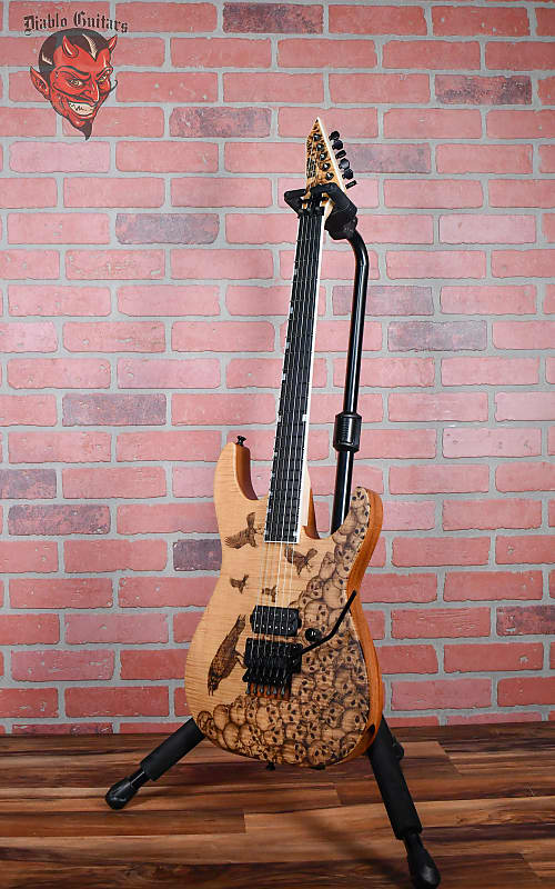ESP USA M-I DX Limited Run Pyrograph Series Skulls and Crows Graphic by Dino Muradian Flame Maple Top Satin Natural #3 of 10 2021 w/OHSC