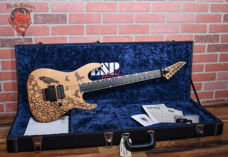 ESP USA M-I DX Limited Run Pyrograph Series Skulls and Crows Graphic by Dino Muradian Flame Maple Top Satin Natural #3 of 10 2021 w/OHSC